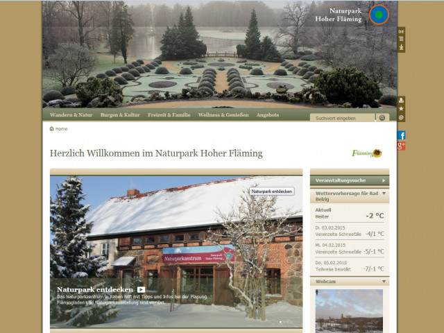 Die Naturparkseite bietet viele Infos über Naturpark, Naturparkzentrum und Naturparkverein. • © Scrrenshot